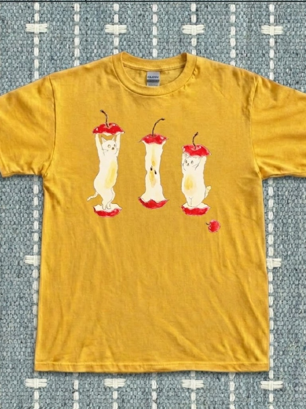 Gildan Yellow Tee with Red Apple Cats Graphic